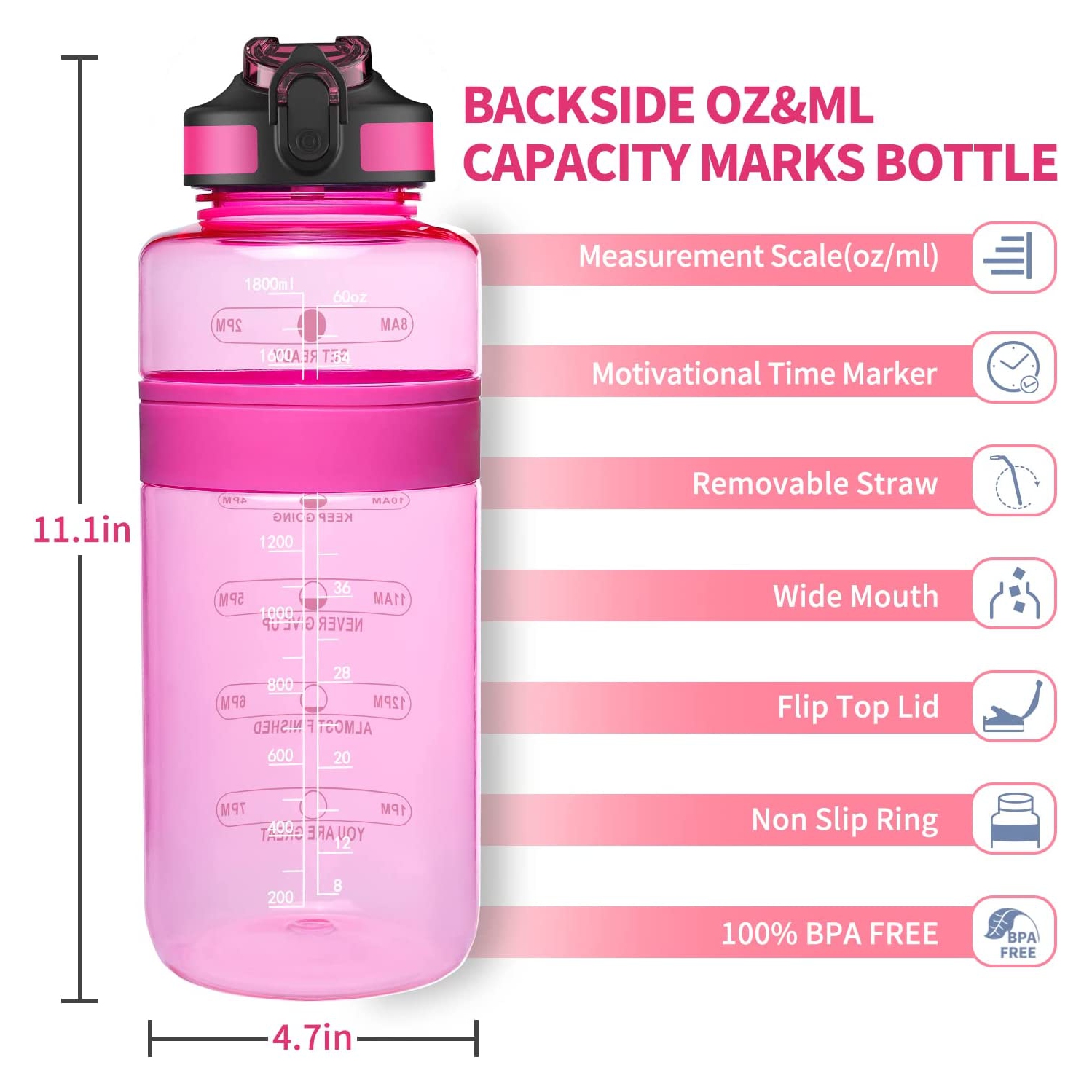 Water Bottle with Straw BPA Free, 64oz Tritan Drinking Bottles with Time Marker, Half Gallon Leakproof Sports