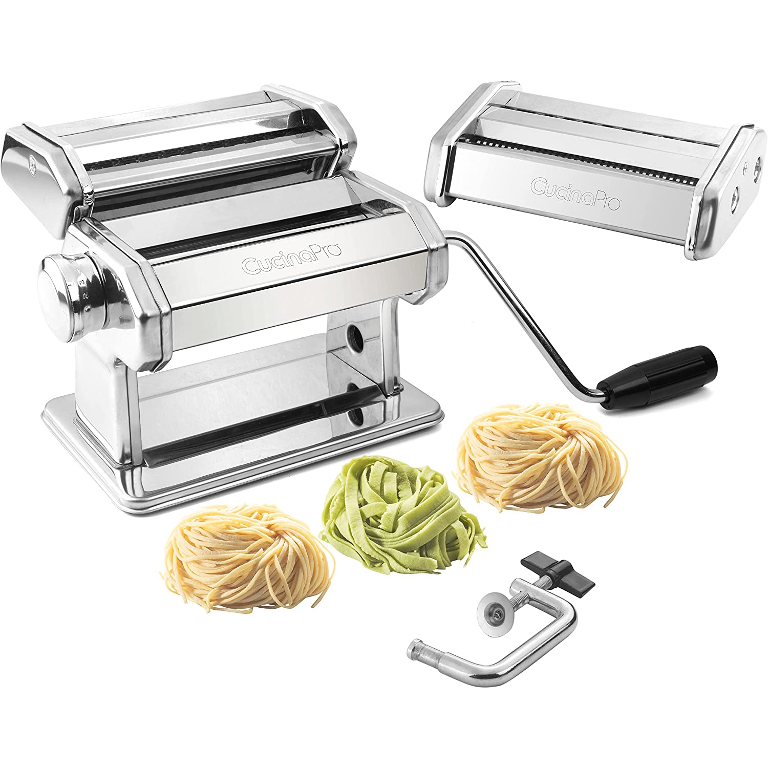 Pasta Maker Machine (177) By Cucina Pro - Heavy Duty Steel Construction - with Fettucine and Spaghetti attachment