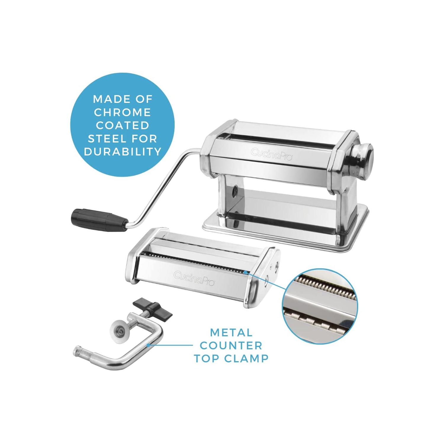 Pasta Maker Machine By Cucina Pro - Heavy Duty Steel Construction - with Fettucine and Spaghetti attachment