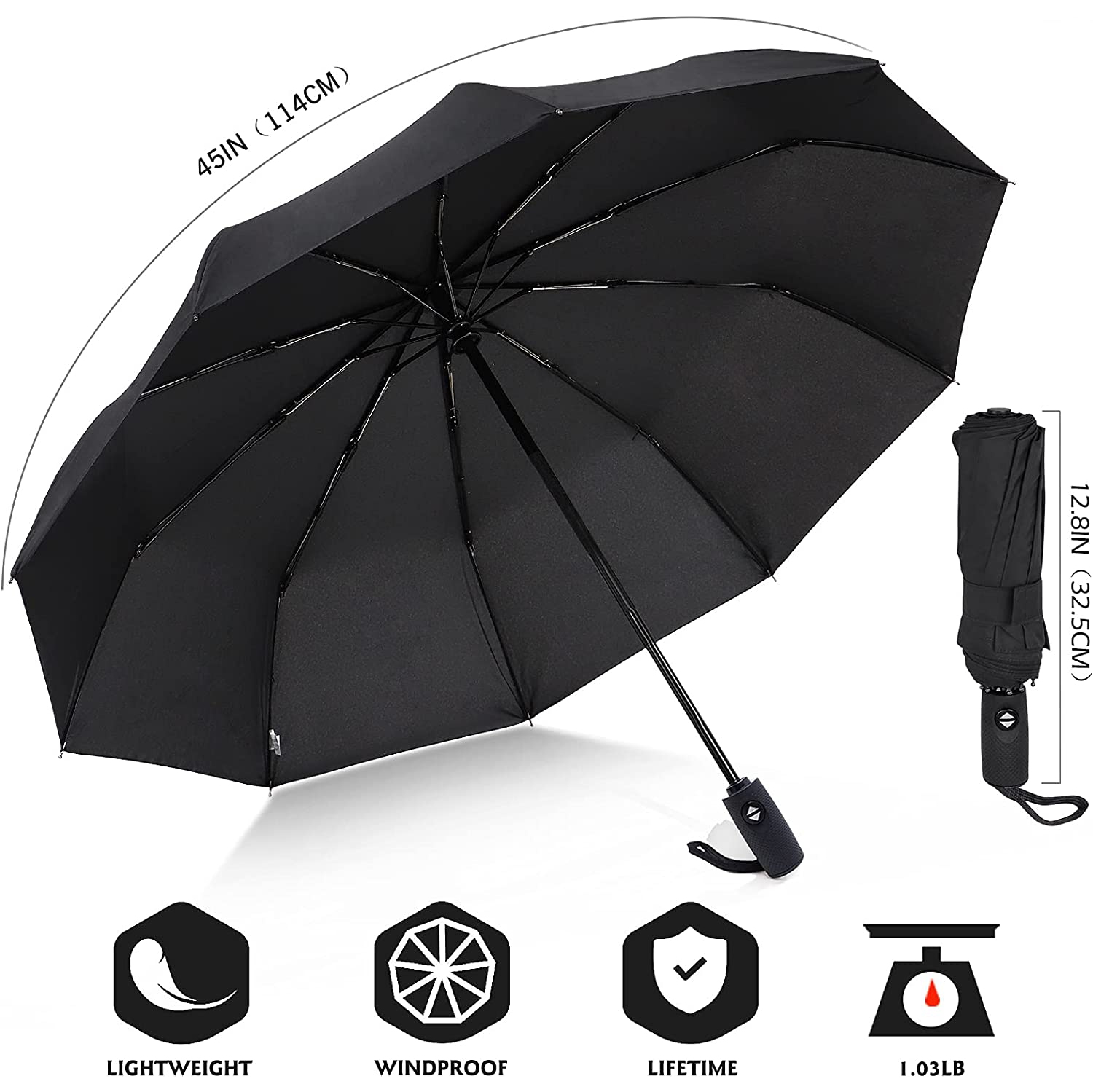 Parapluie de voyage résistant au vent 45 po - Parapluie compact Solide 10 Ribs compact et automatique petit format parapluie