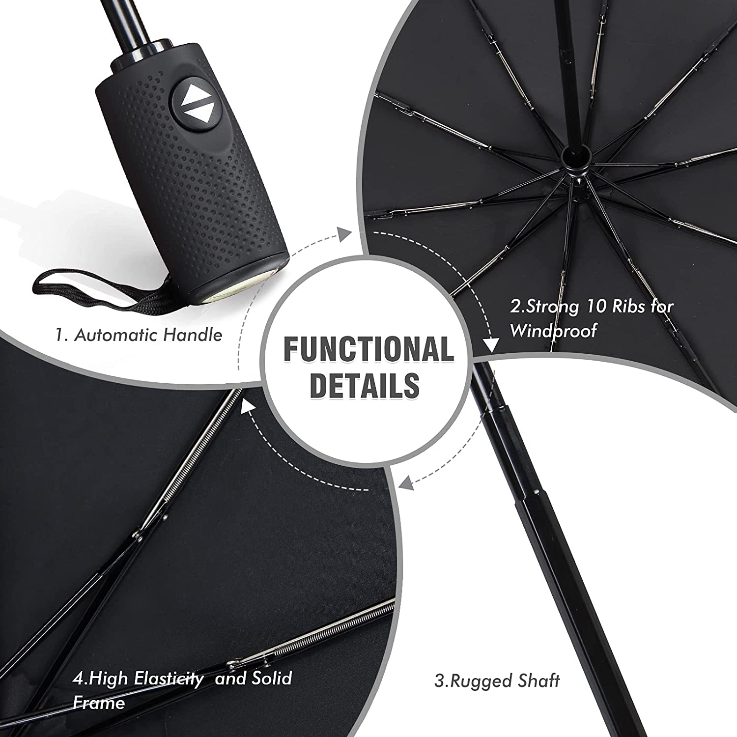 Parapluie de voyage résistant au vent 45 po - Parapluie compact Solide 10 Ribs compact et automatique petit format parapluie