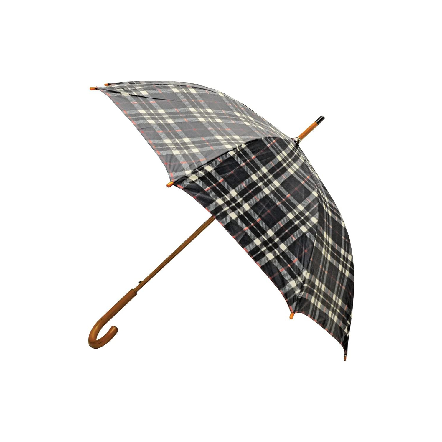 48129 – Parapluie classique à ouverture automatique avec poignée en bois véritable, motif écossais noir, 46 po