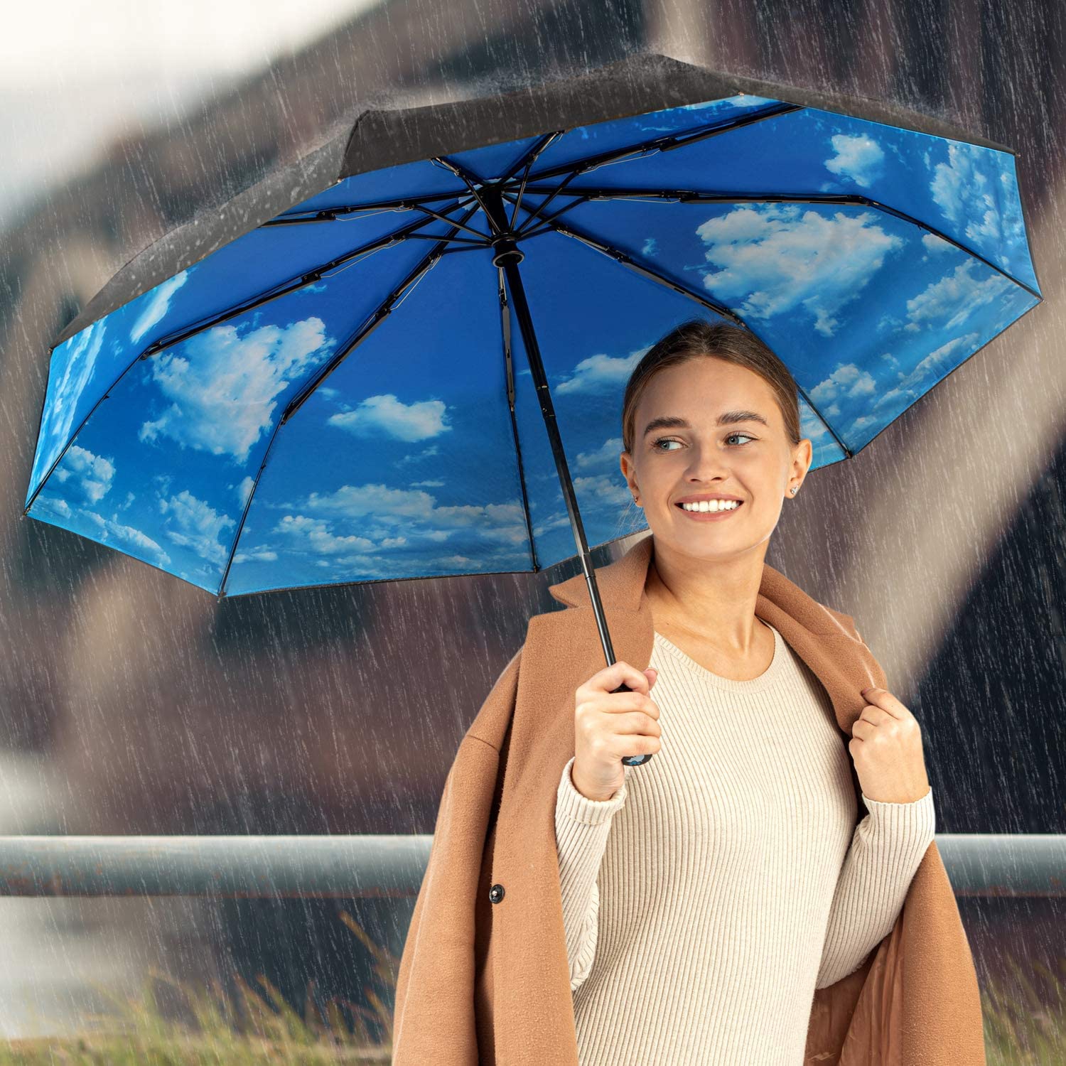 Windproof Travel Umbrella - Wind Resistant, Small - Compact, Light, Automatic, Strong, Mini, Folding