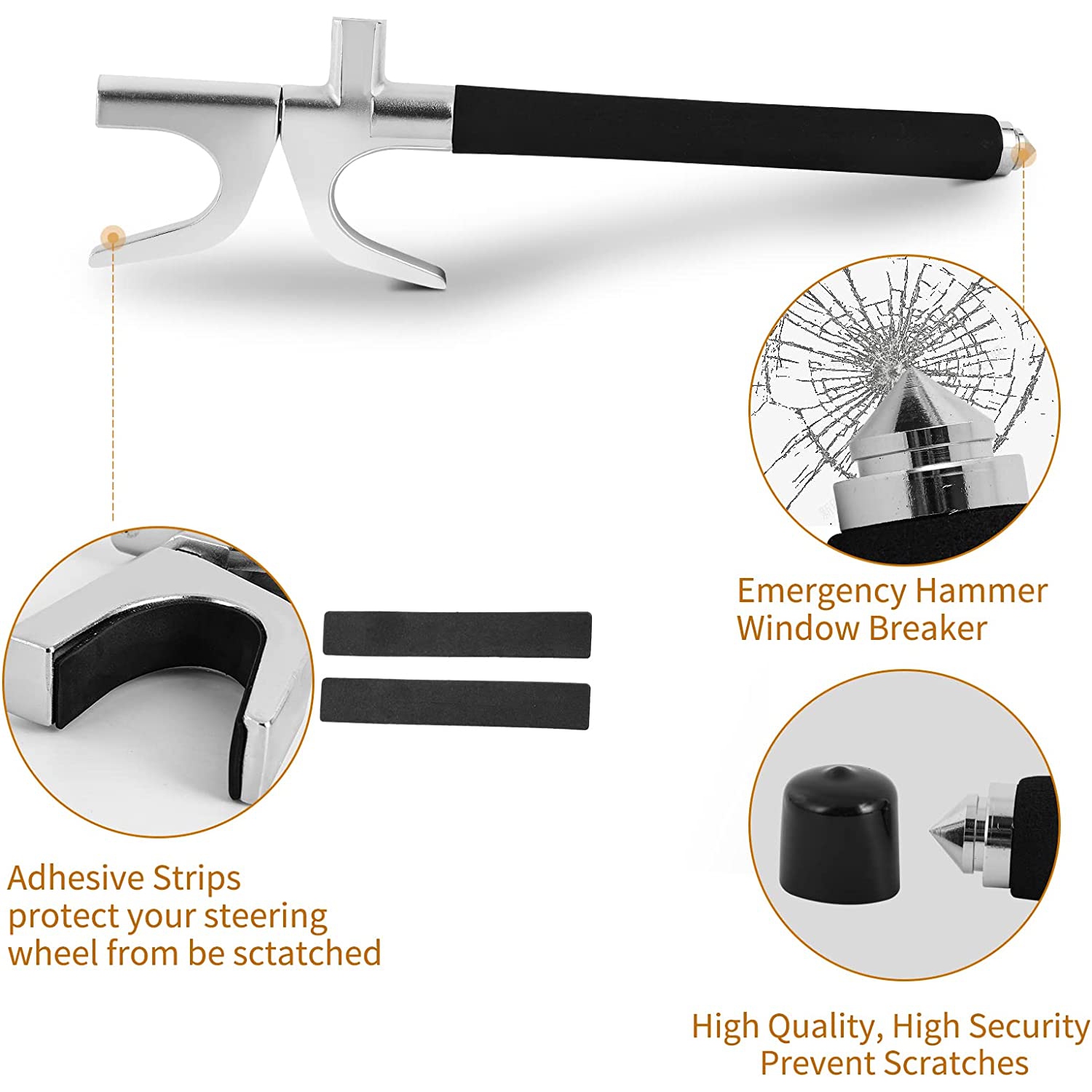 Universal Car Steering Wheel Lock with 3 Keys and Emergency Hammer, Auto Anti Theft Device Security Protection Safety