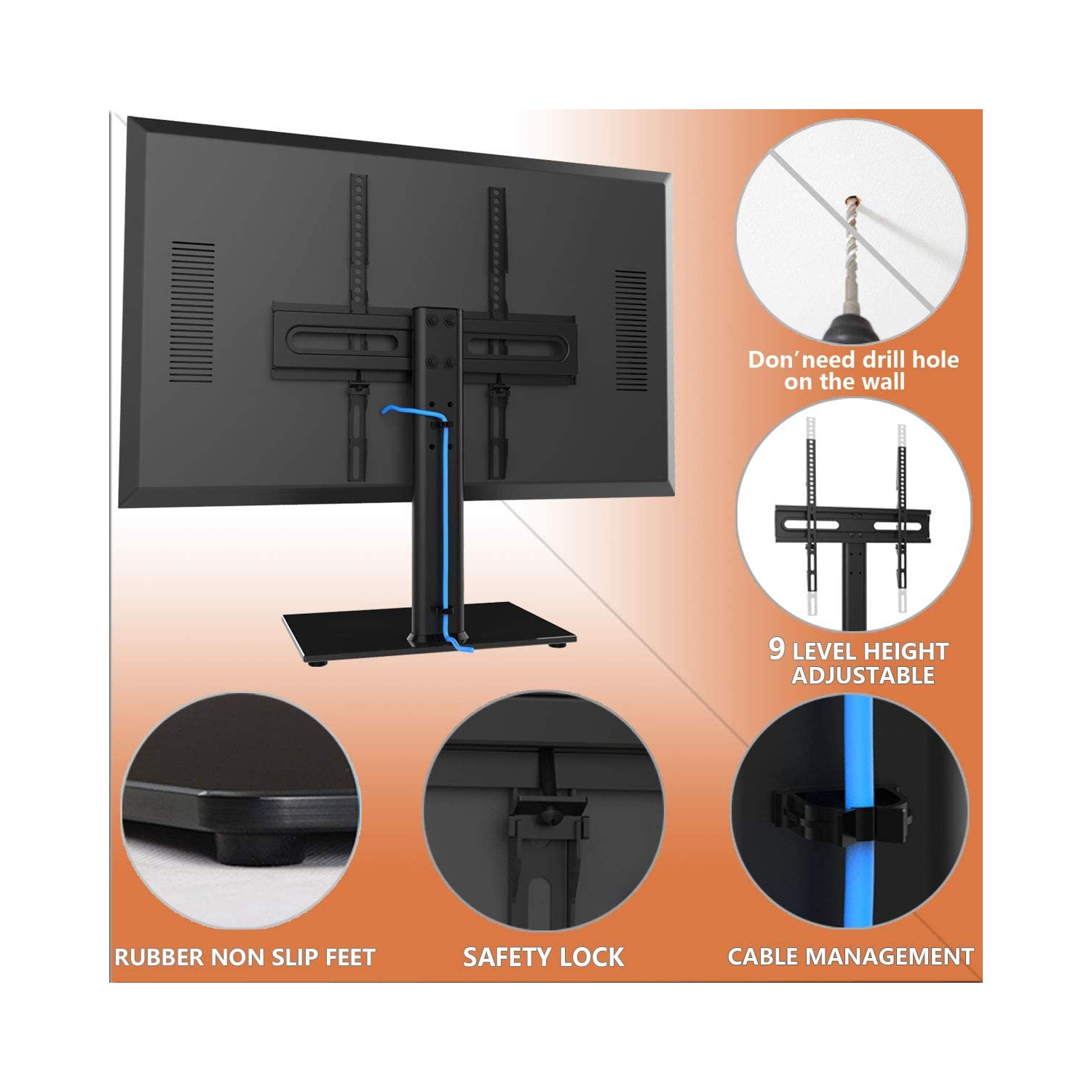 Universal TV Stand/Base Table Top TV Stand with Wall Mount for 27 to 55 inch 9 Level Height Adjustable, Heavy Duty