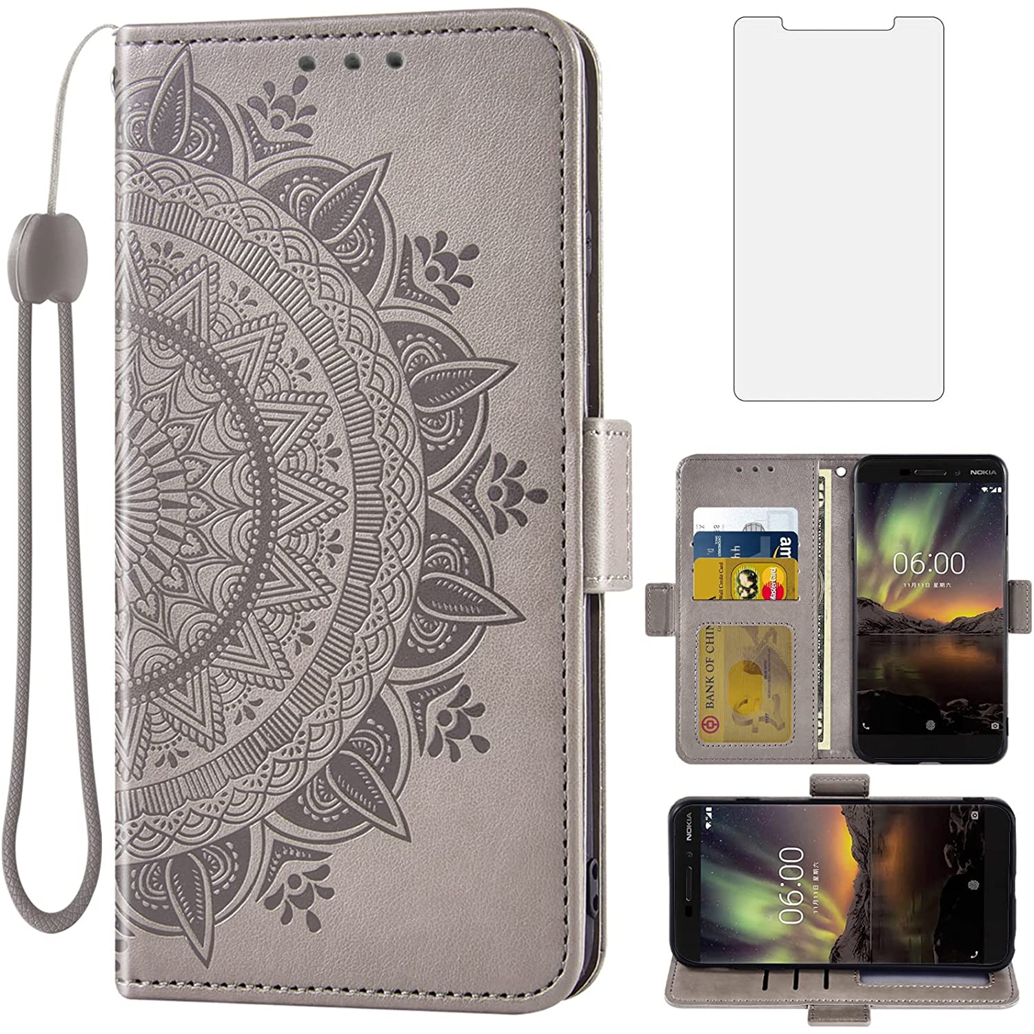 Compatible with Nokia 6.1 2018 Wallet Case and Tempered Glass Screen Protector Credit Card Holder Flip Purse