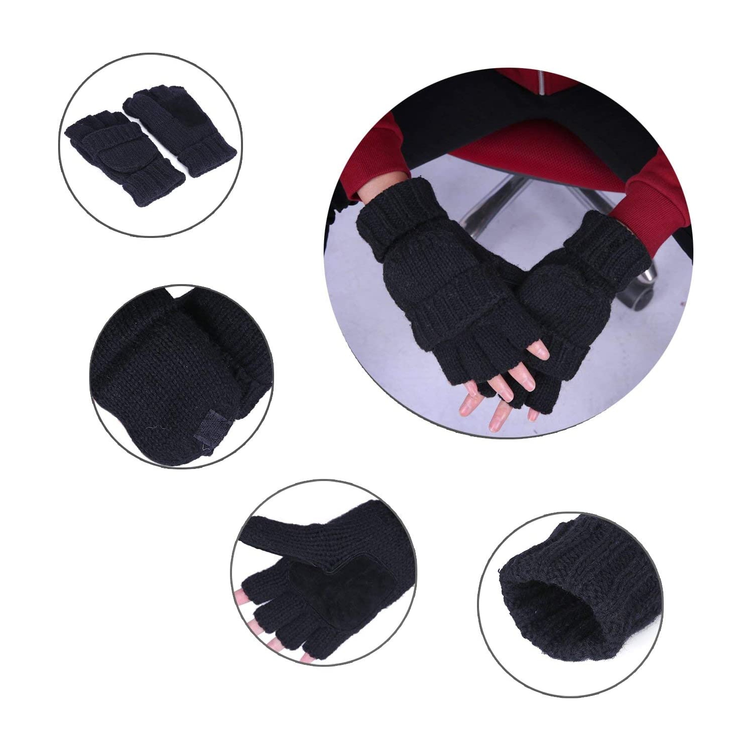 Gants d'hiver en tricot sans doigts, Mitaines convertibles en laine, gants chauds pour femmes et hommes