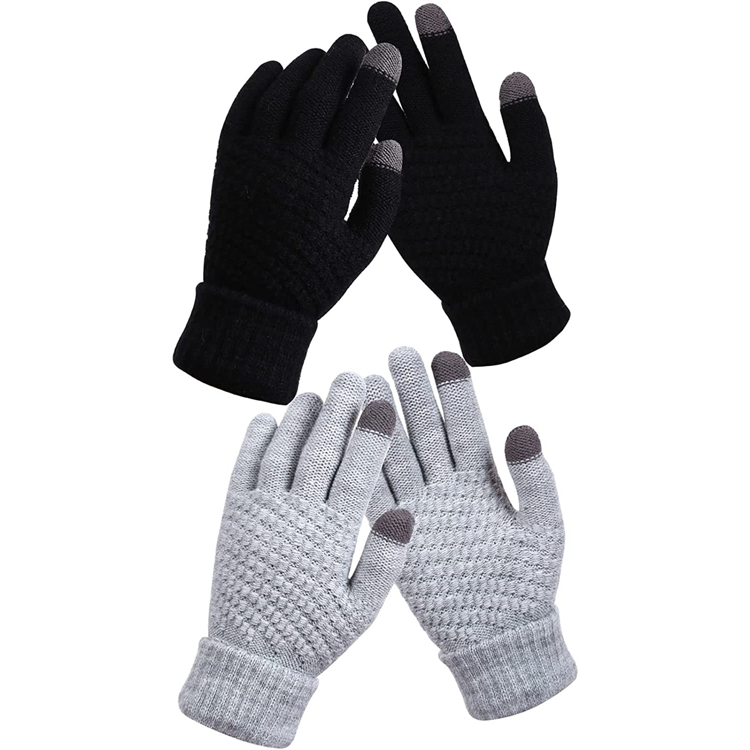 2 paires de gants d'hiver pour écran tactile pour femmes en tricot doublés de molleton chaud gants d'hiver à revers élastique pour messages texte en