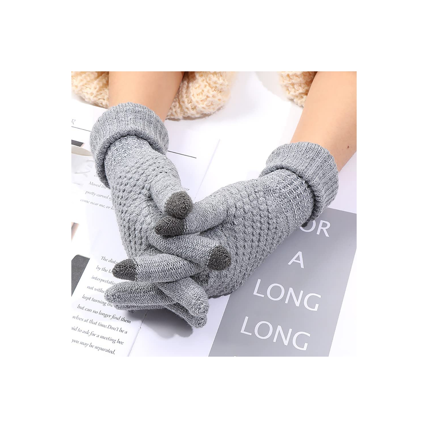 2 paires de gants d'hiver pour écran tactile pour femmes en tricot doublés de molleton chaud gants d'hiver à revers élastique pour messages texte en