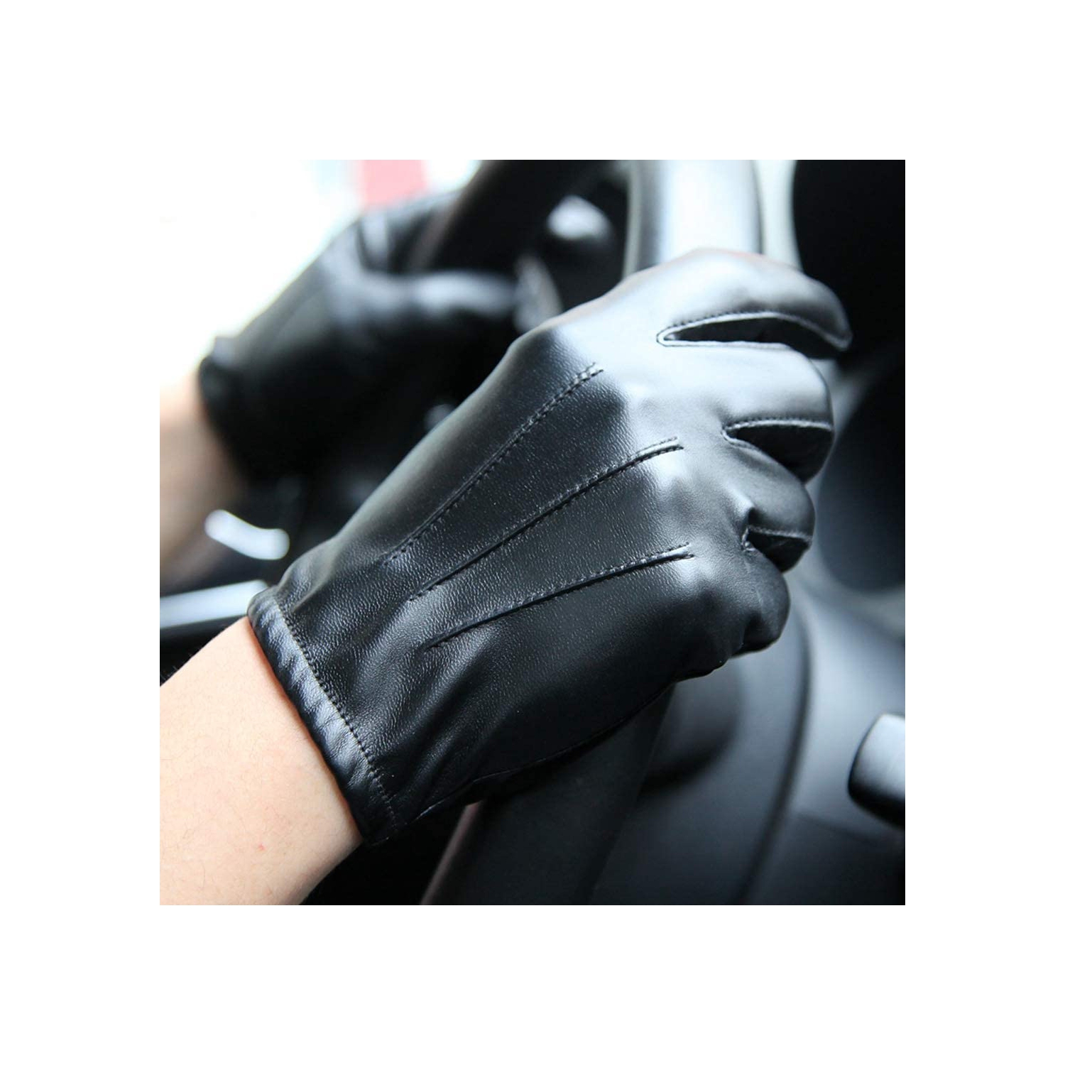 Gants pour écran tactile en cuir pour hommes Winter Driving Warm pour poignet, noir, grand