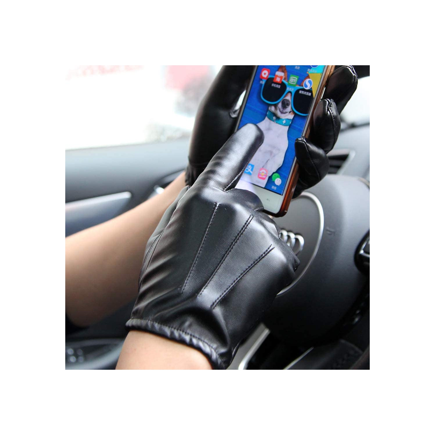 Gants pour écran tactile en cuir pour hommes Winter Driving Warm pour poignet, noir, grand
