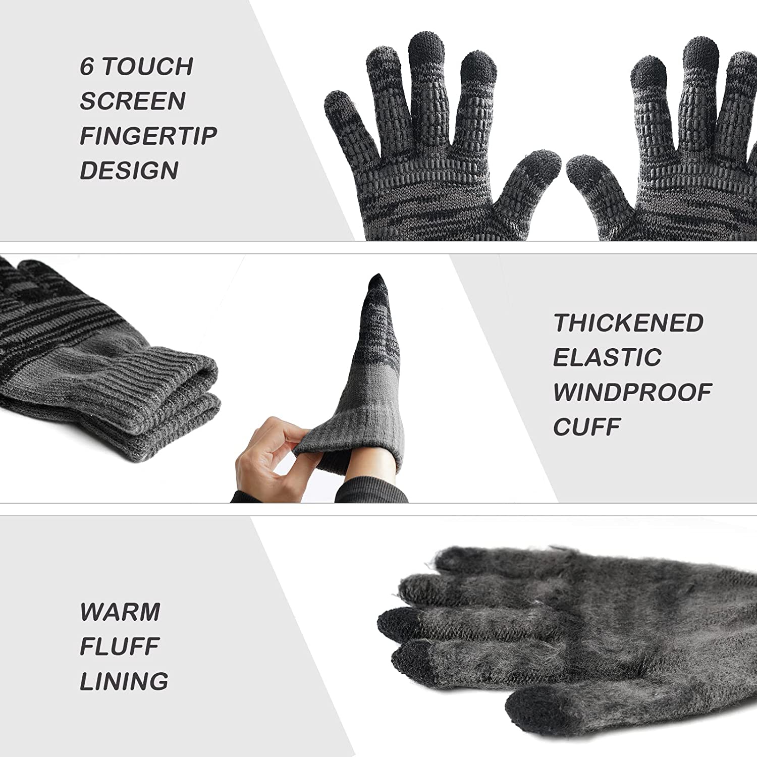 Gants d'écran Winter Touch pour hommes en tricot thermique antidérapant avec poignets élastiques en particules de silicone pour hommes