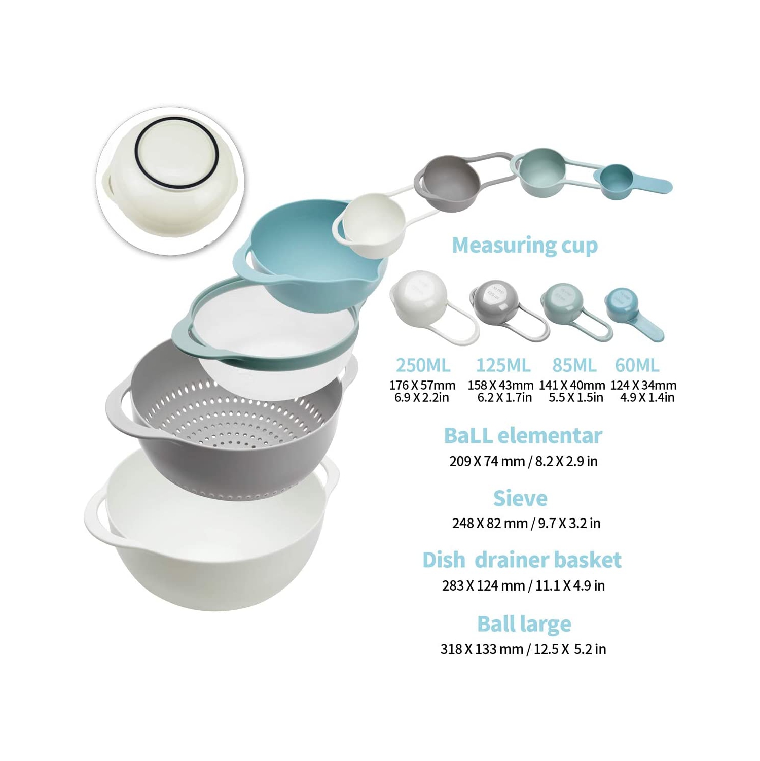 Bols à mélanger en plastique – Ensemble de 8 bols à mélanger multicolores, Nest pour un rangement facile, tasses à mesurer à incision, passoire