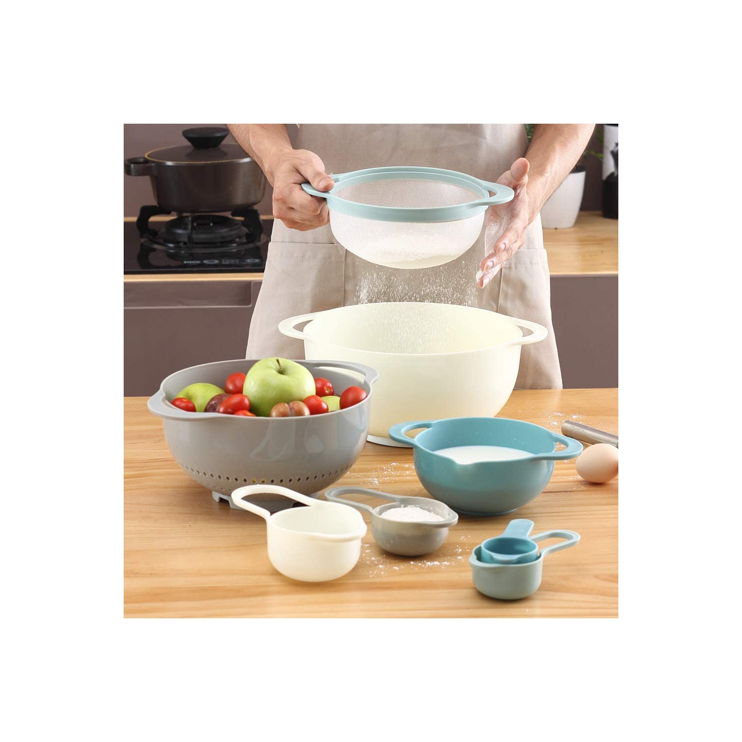 Bols à mélanger en plastique – Ensemble de 8 bols à mélanger multicolores, Nest pour un rangement facile, tasses à mesurer à incision, passoire