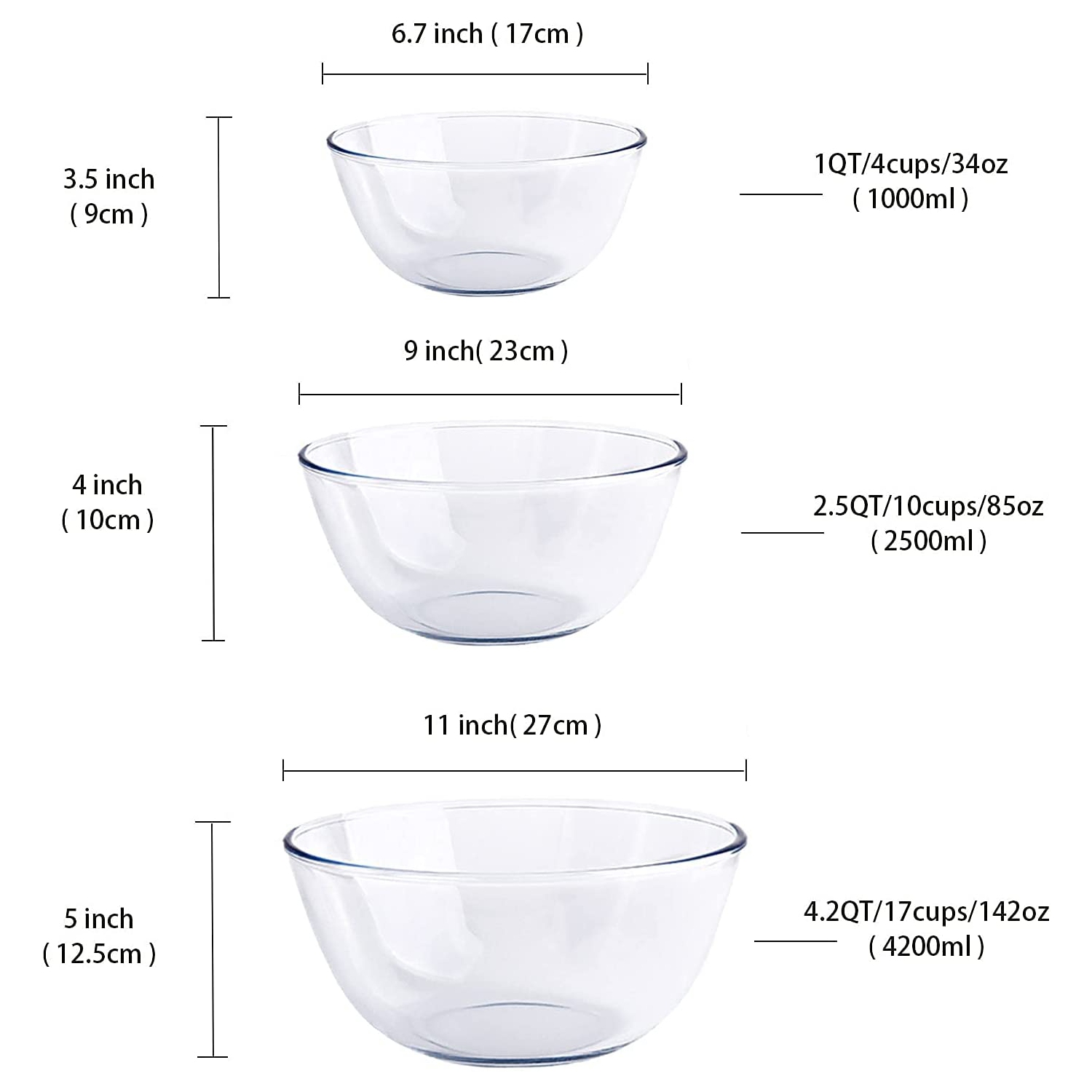 Ensemble de 3 bols à salade en verre et grands bols à base de silicate élevé pour la cuisine
