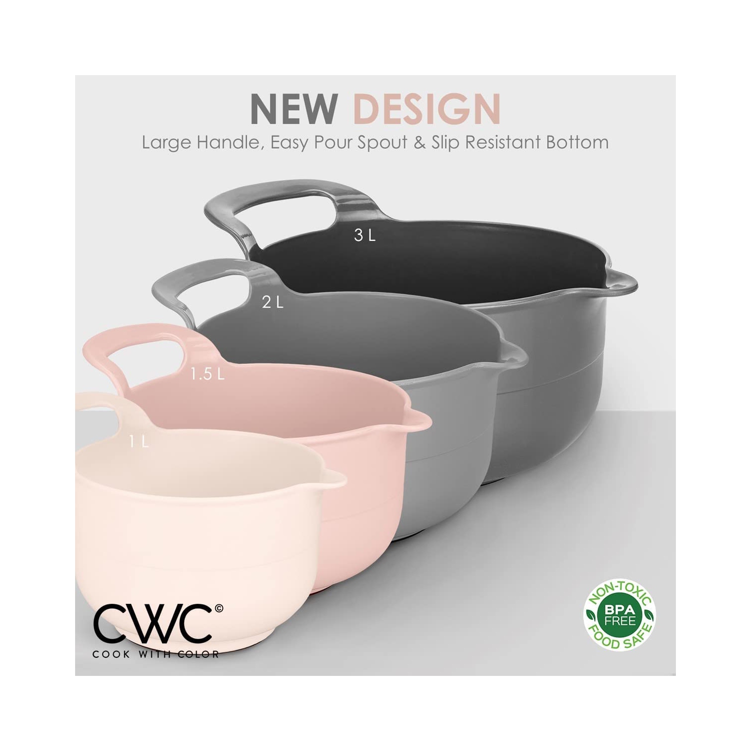 Mixing Bowls - 4 Piece Nesting Plastic Mixing Bowl Set with Pour Spouts and Handles