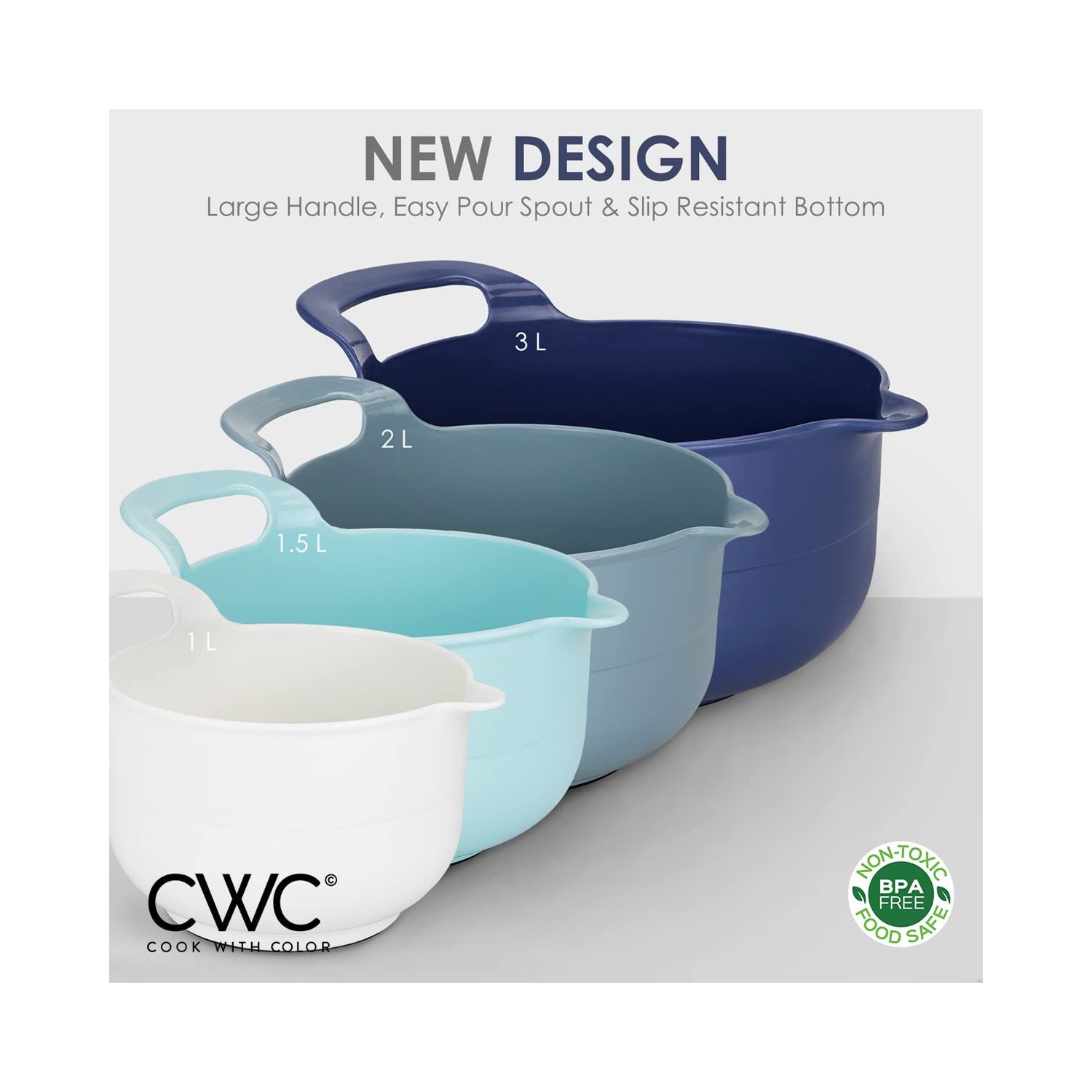 Mixing Bowls - 4 Piece Nesting Plastic Mixing Bowl Set with Pour Spouts and Handles