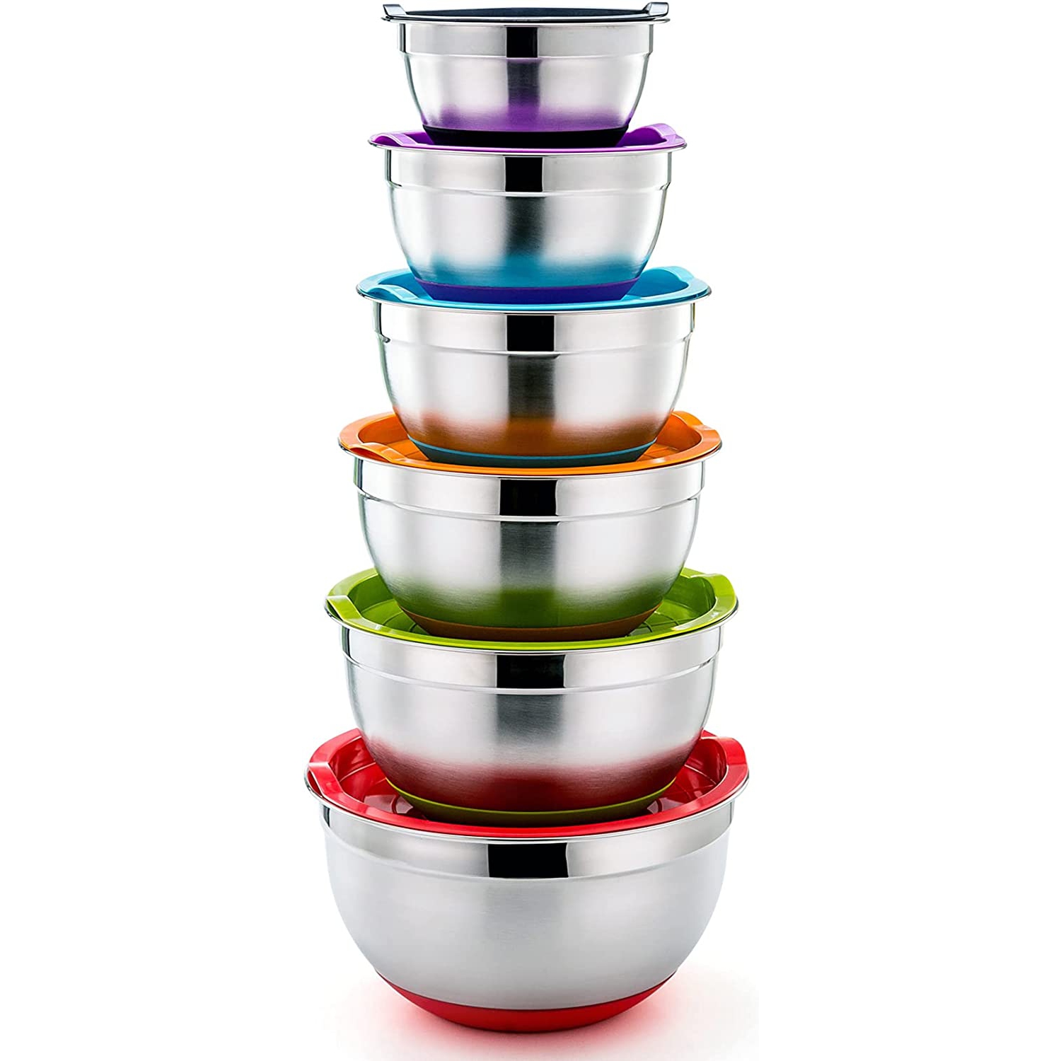 Bols à mélanger avec couvercles, ensemble de 6 bols à mélanger emboîtables en acier inoxydable, couvercles et silicone antidérapant