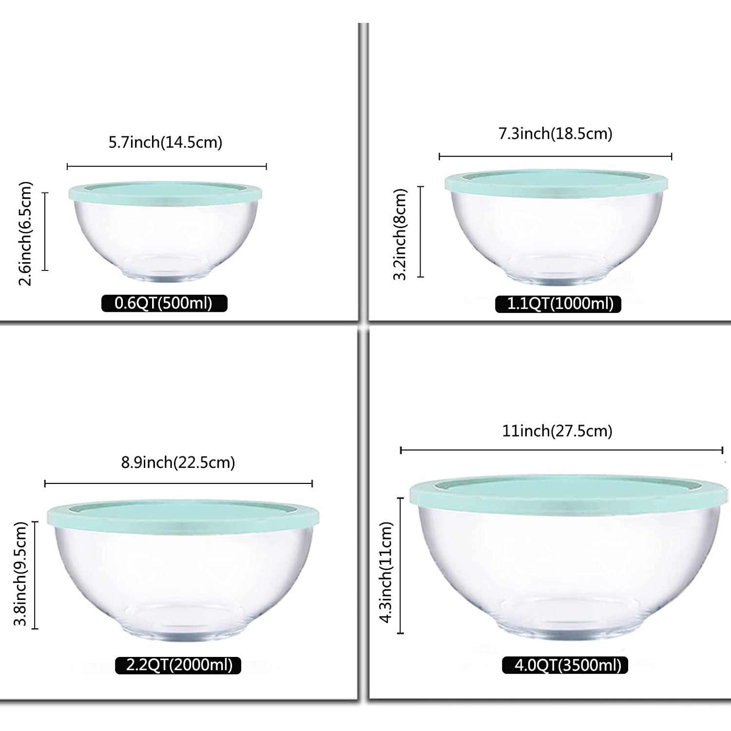 Glass Mixing Bowl Set of 4 with Airtight Lids for Kitchen Baking, Prepping, Serving,Cooking 0.6QT, 1.1QT, 2.2QT, 4QT