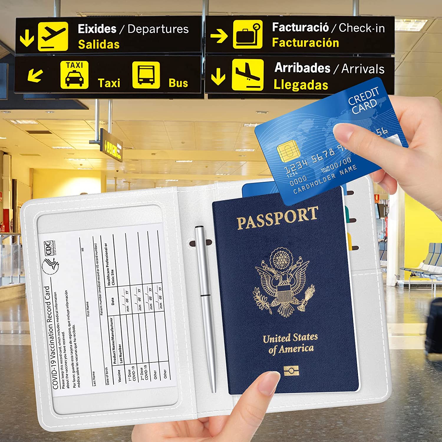 Porte-cartes combo passeport et vaccins, porte-passeport avec fente pour carte de vaccin, étui à passeport avec protection RFID