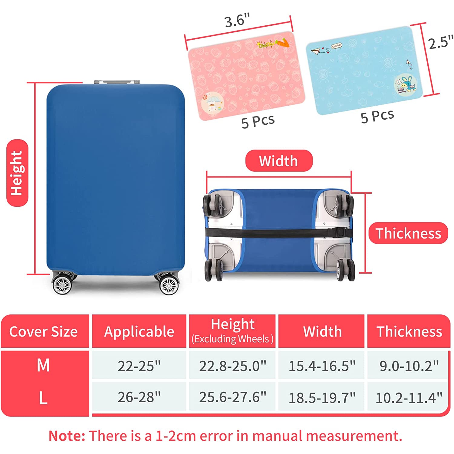 Housse de protection de valise de voyage, sac protecteur de valise lavable à roulettes élastiques avec autocollants de bagage étanches