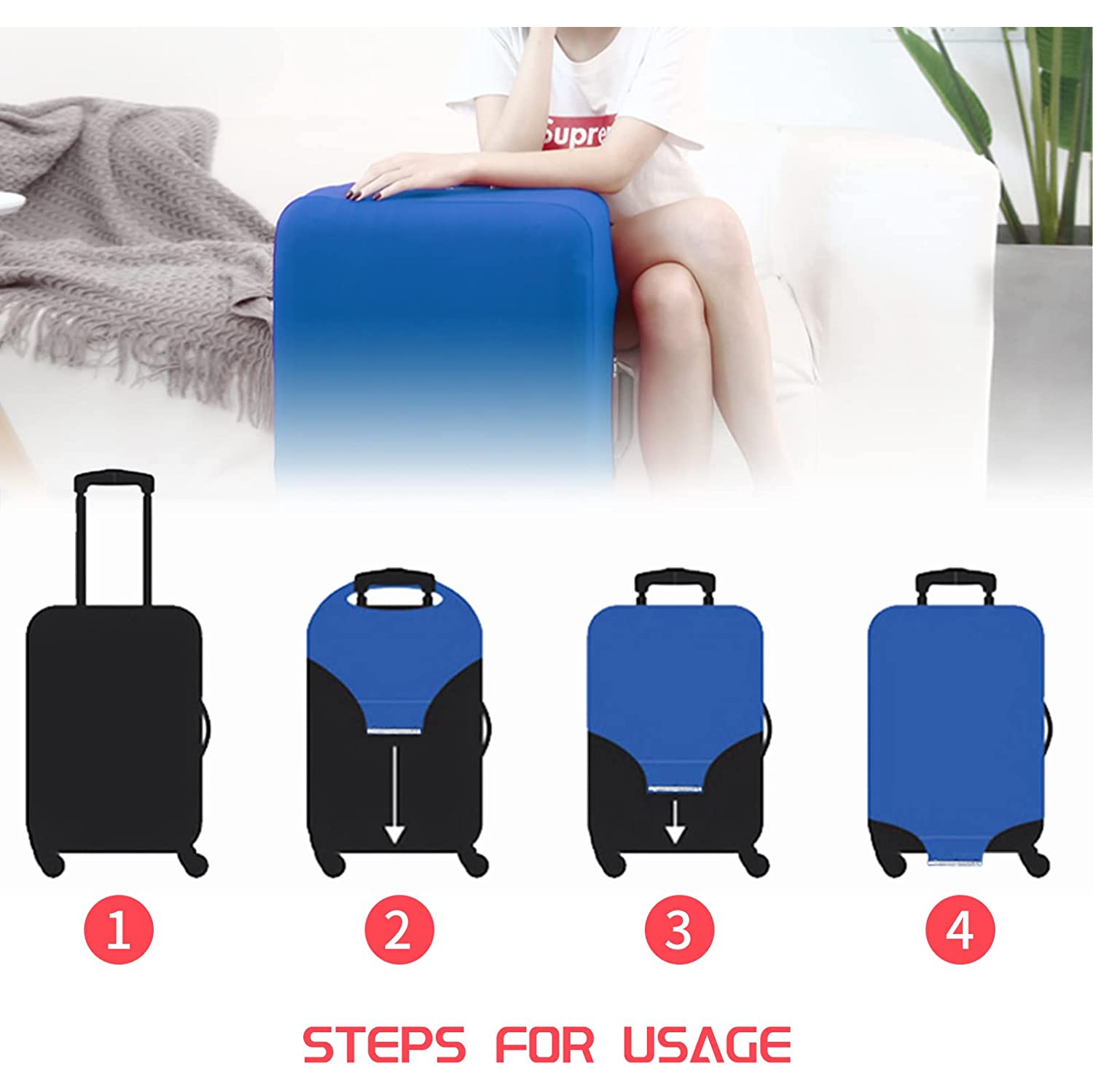 Housse de protection de valise de voyage, sac protecteur de valise lavable à roulettes élastiques avec autocollants de bagage étanches