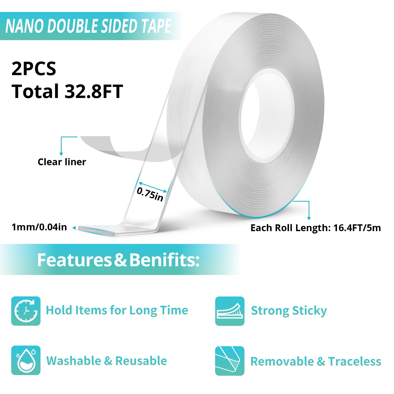 Double Sided Tape Heavy Duty(2 Pack, Total 32.8ft), Strong Sticky Tape Multipurpose Nano Tape, Removable &