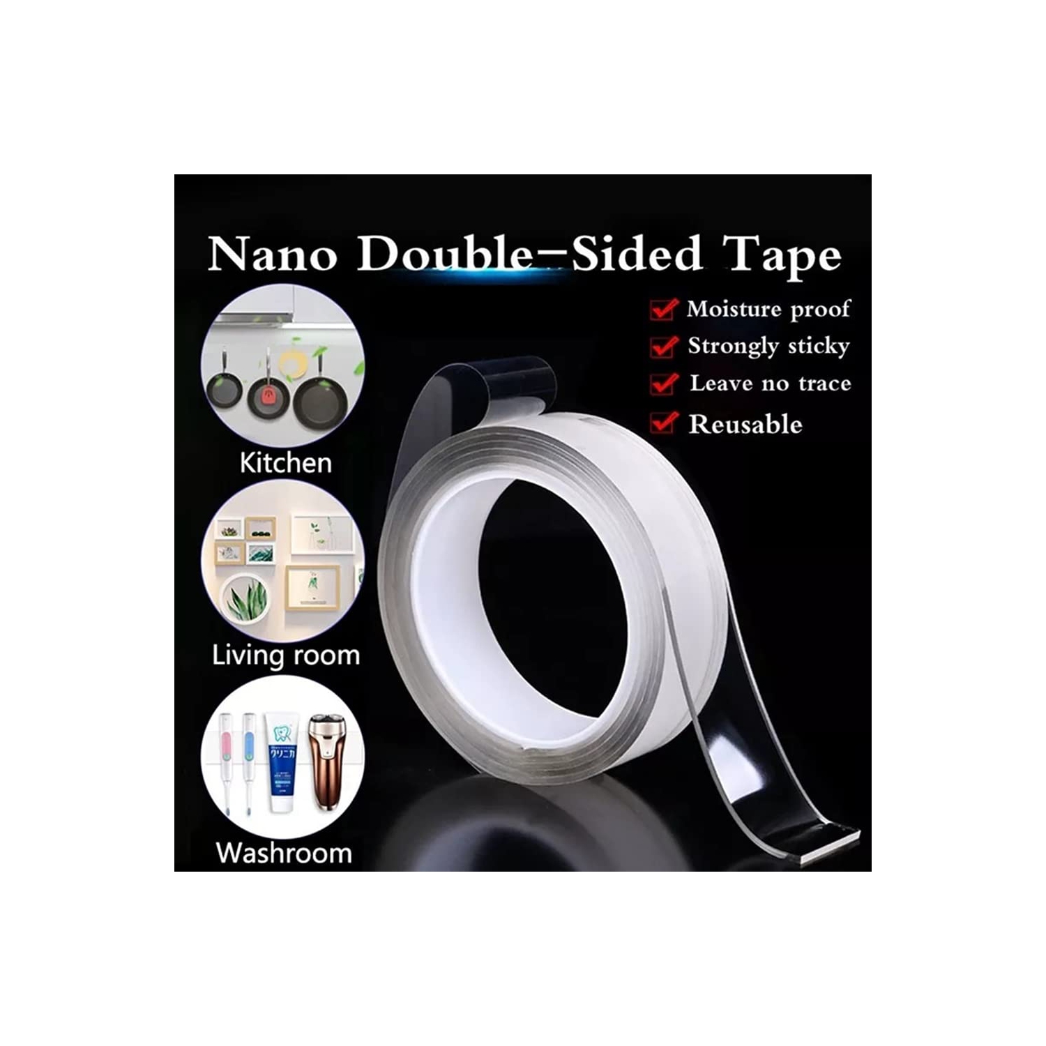 5m/16.4ft Nano Double Sided Tape Heavy Duty,Transparent Reusable Nano Adhesive Tape Washable and Reusable Traceless