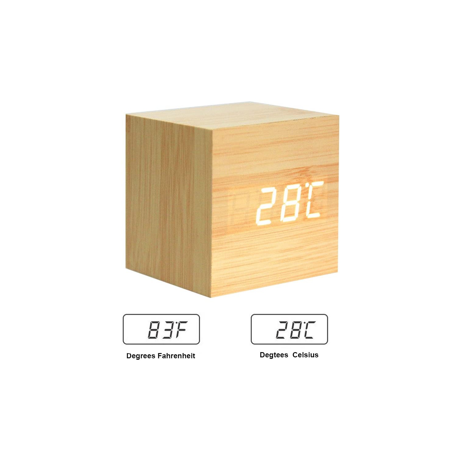 Wooden Digital Cube Alarm Clock Touch Sound Activated Desk Clock Portable Travel Clock with LCD Display