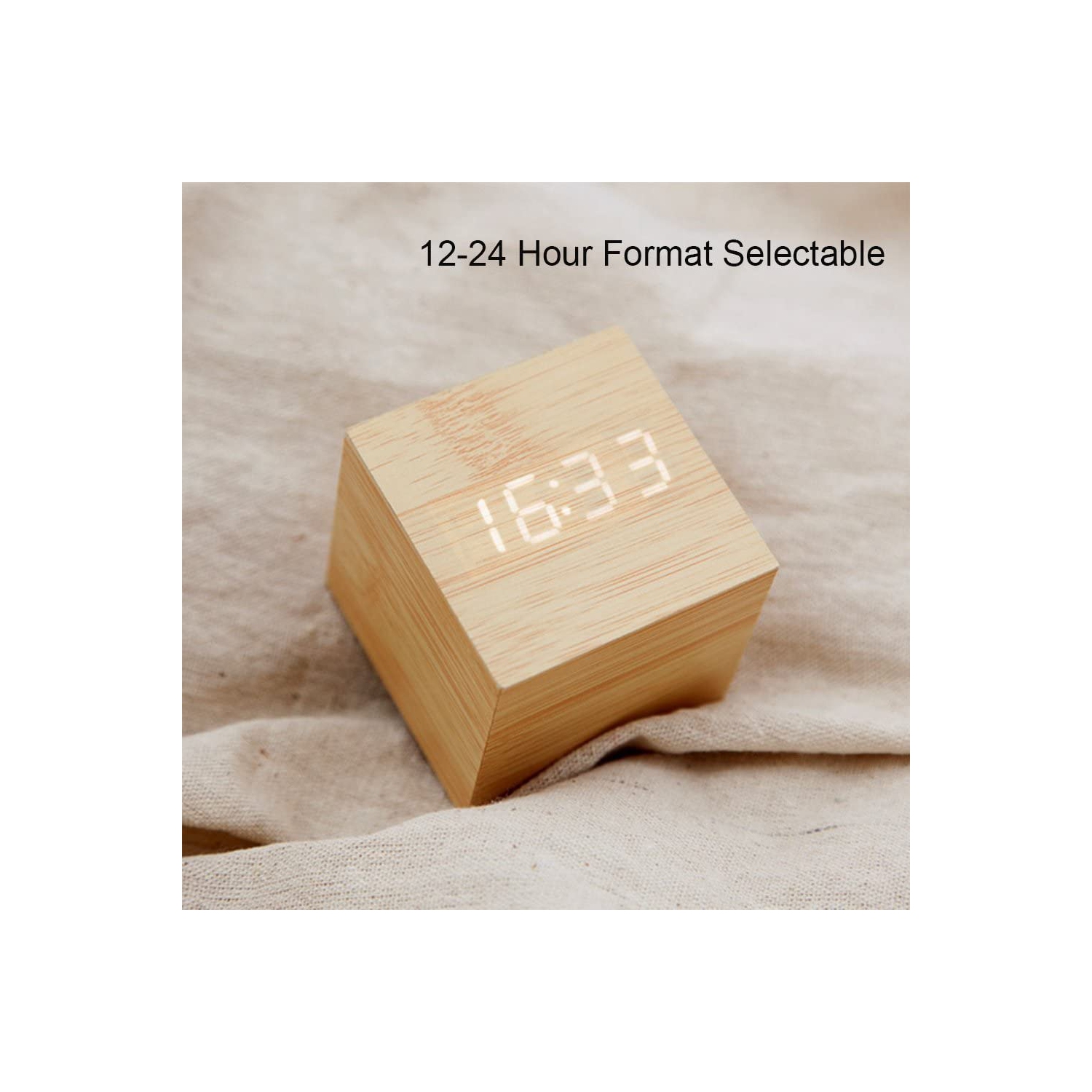 Wooden Digital Cube Alarm Clock Touch Sound Activated Desk Clock Portable Travel Clock with LCD Display