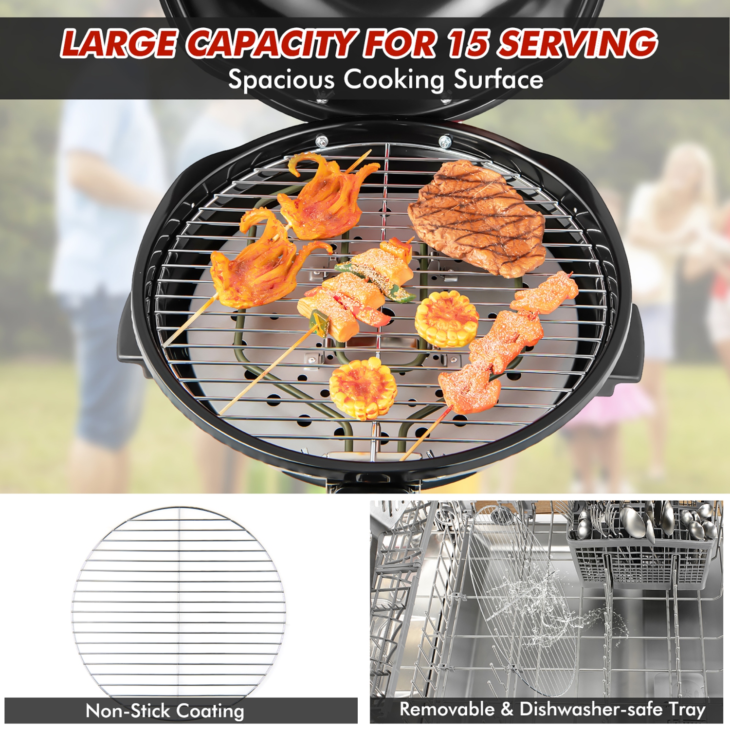 Costway Portable 1600W Electric BBQ Grill with Temperature Control & Grease Collector
