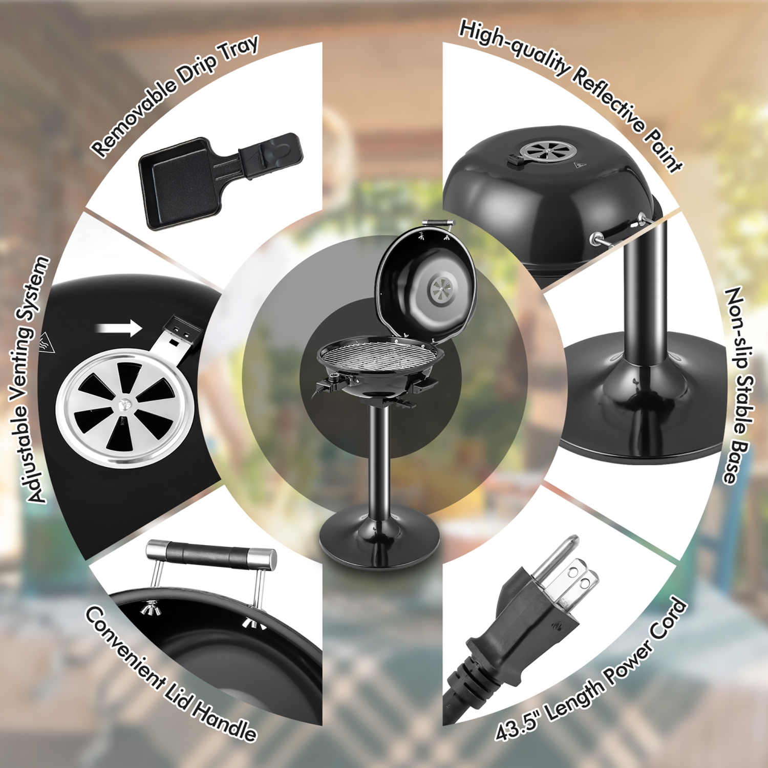 Costway Portable 1600W Electric BBQ Grill with Temperature Control & Grease Collector