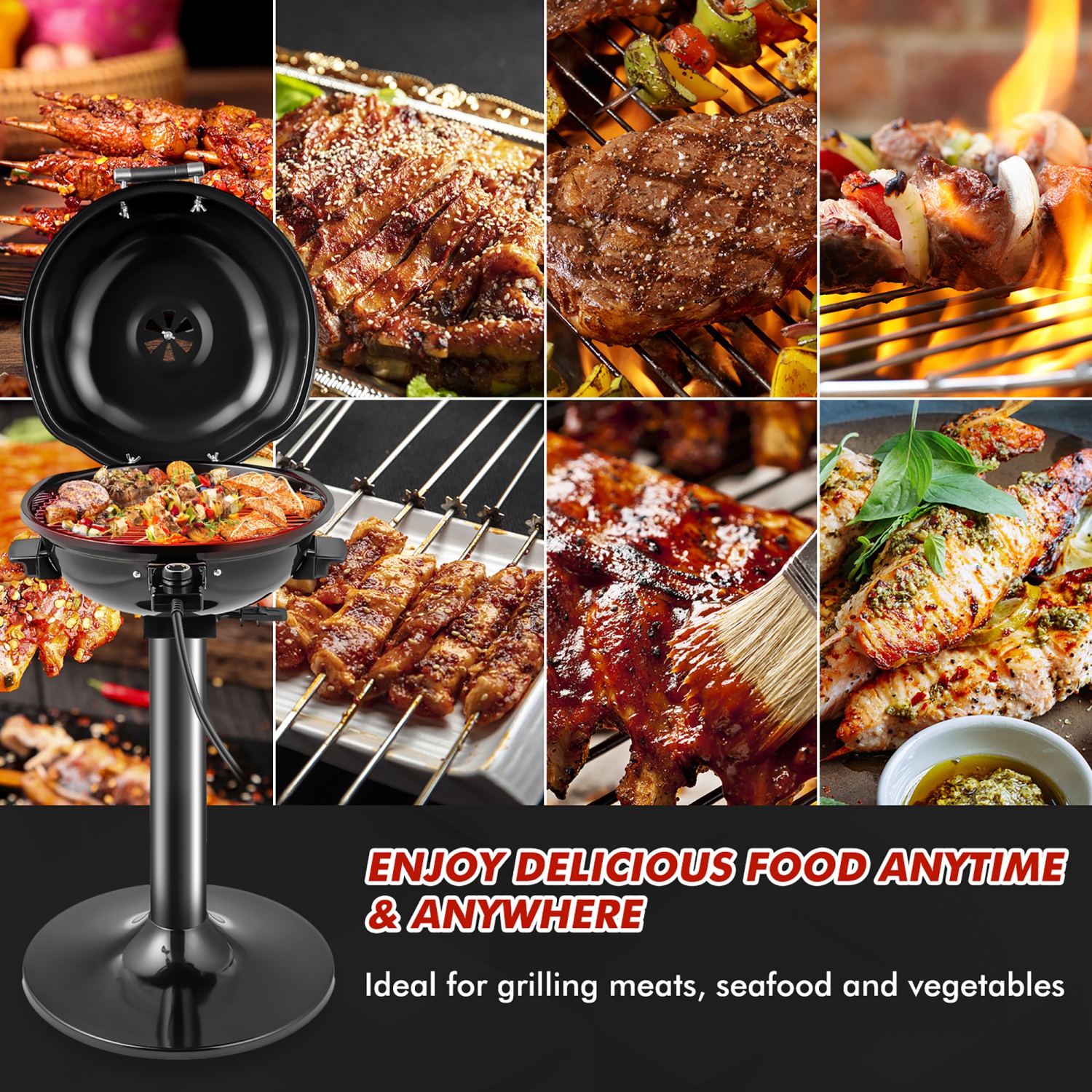 Costway Portable 1600W Electric BBQ Grill with Temperature Control & Grease Collector