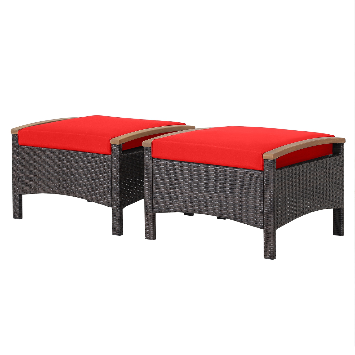 Costway Set of 2 Patio Rattan Ottoman Footrest Cushions Wooden Handle Off White\Brown\Red\Navy