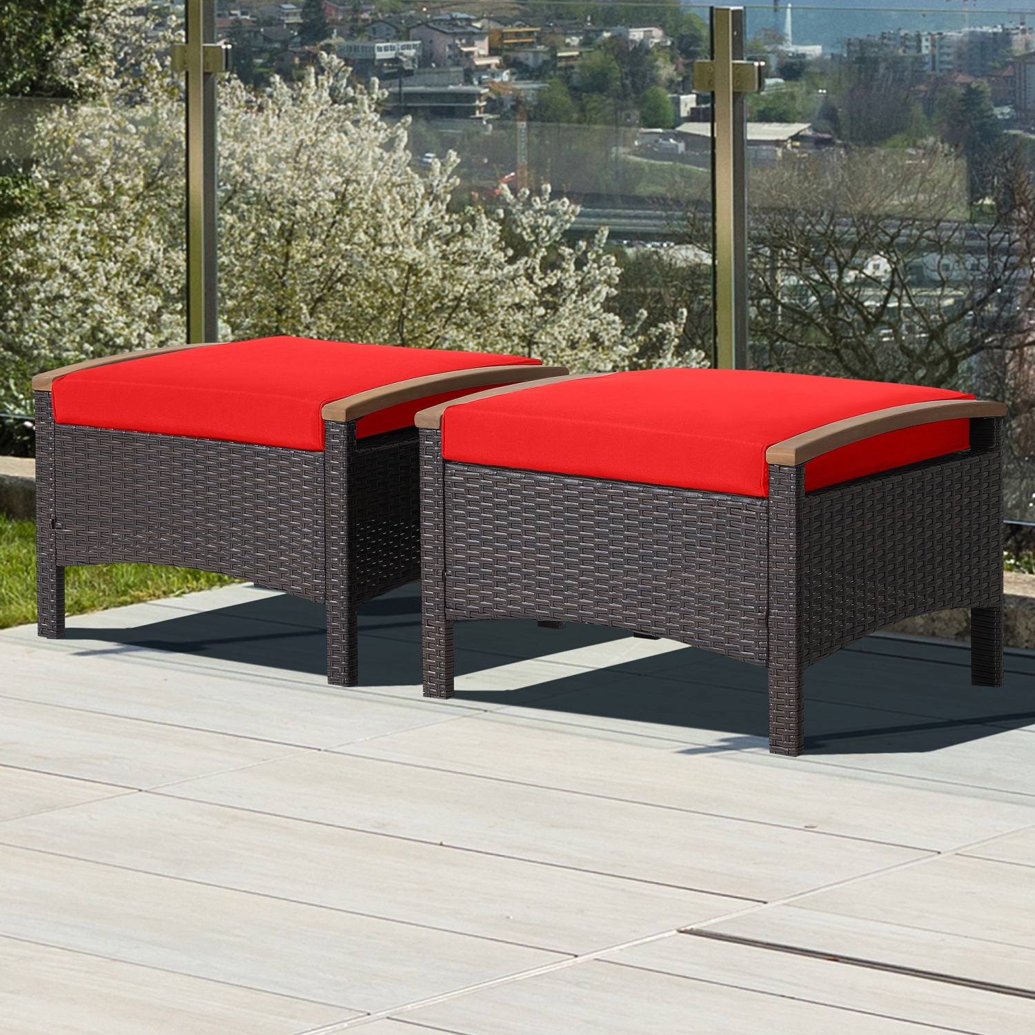 Costway Set of 2 Patio Rattan Ottoman Footrest Cushions Wooden Handle Off White\Brown\Red\Navy