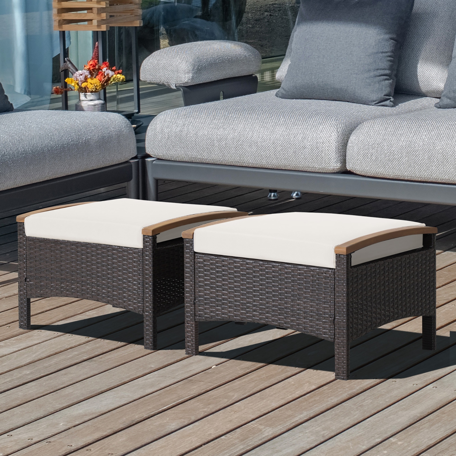 Costway Set of 2 Patio Rattan Ottoman Footrest Cushions Wooden Handle