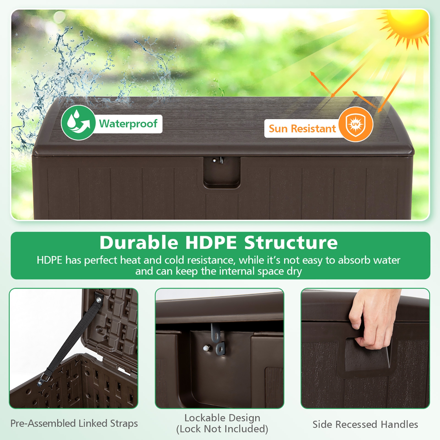 Costway 105 Gallon Outdoor Resin Deck Box All Weather Lockable Storage Container Brown