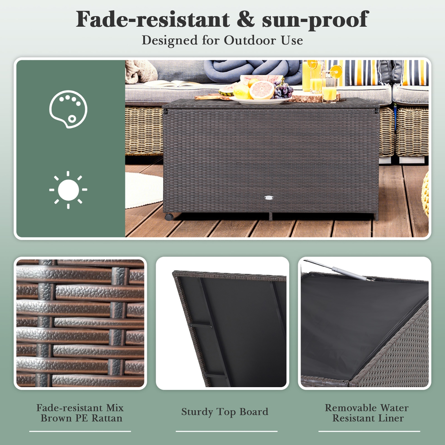 Costway 133 Gallon Patio Rattan Storage Deck Box Container Wheel Handle W/Liner