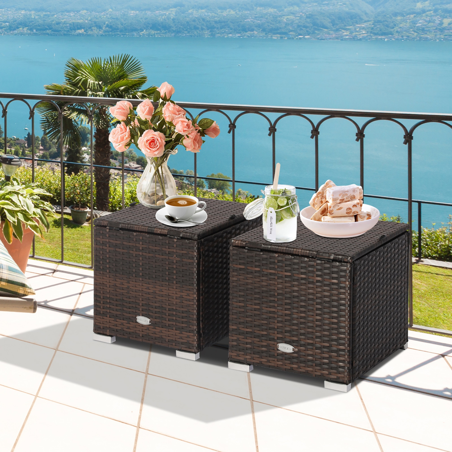 Costway – Tabouret de patio en rotin avec siège et table d’appoint, 2pcs, pieds, coussins