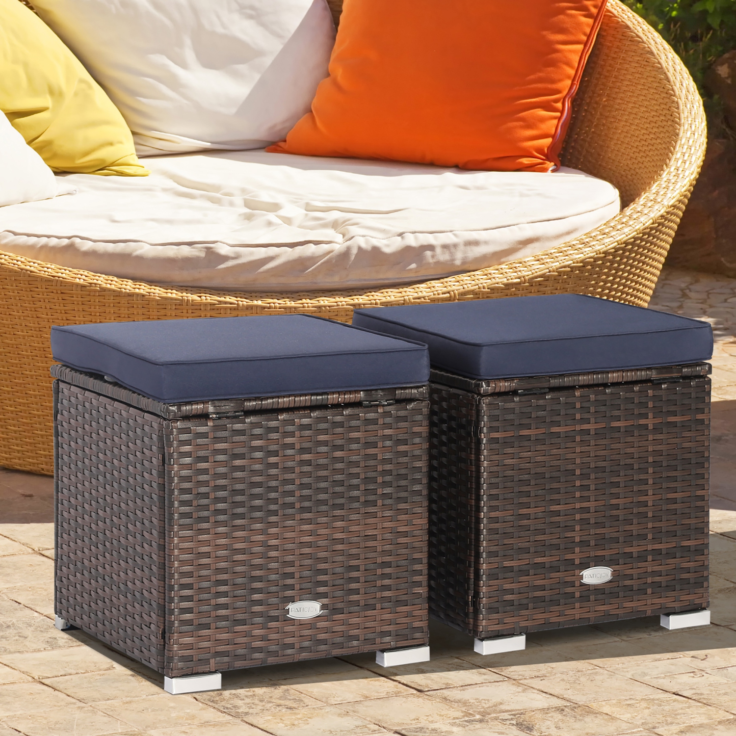 Costway 2PCS Patio Rattan Ottomans Seat Side Table Storage Box Footstool with Cushions