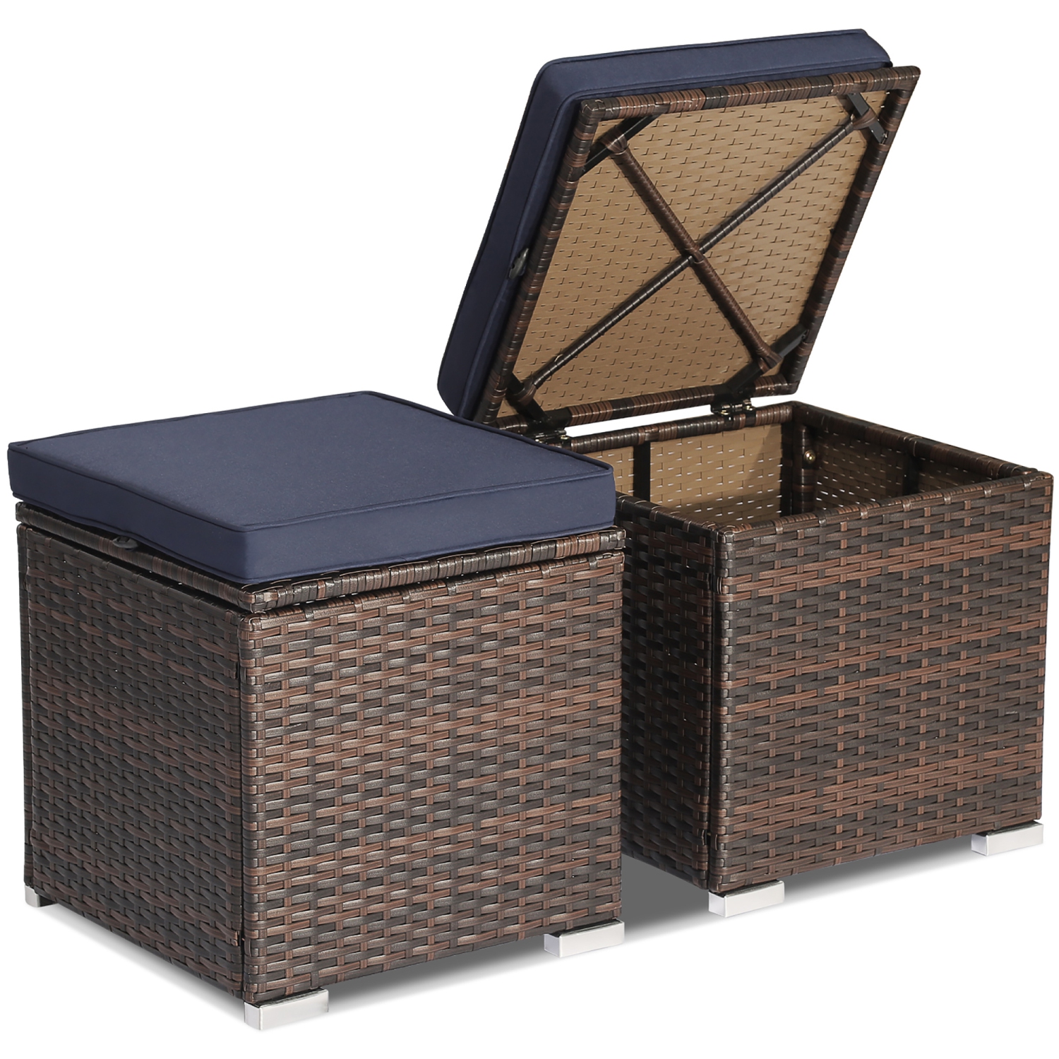 Costway 2PCS Patio Rattan Ottomans Seat Side Table Storage Box Footstool with Cushions