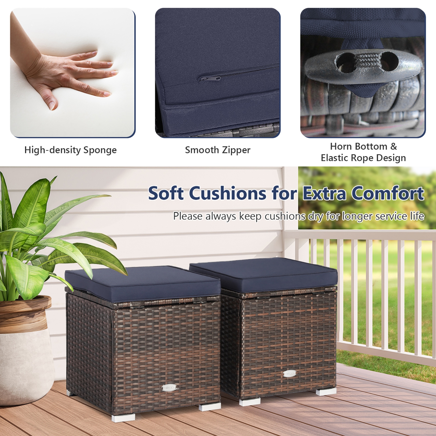 Costway 2PCS Patio Rattan Ottomans Seat Side Table Storage Box Footstool with Cushions