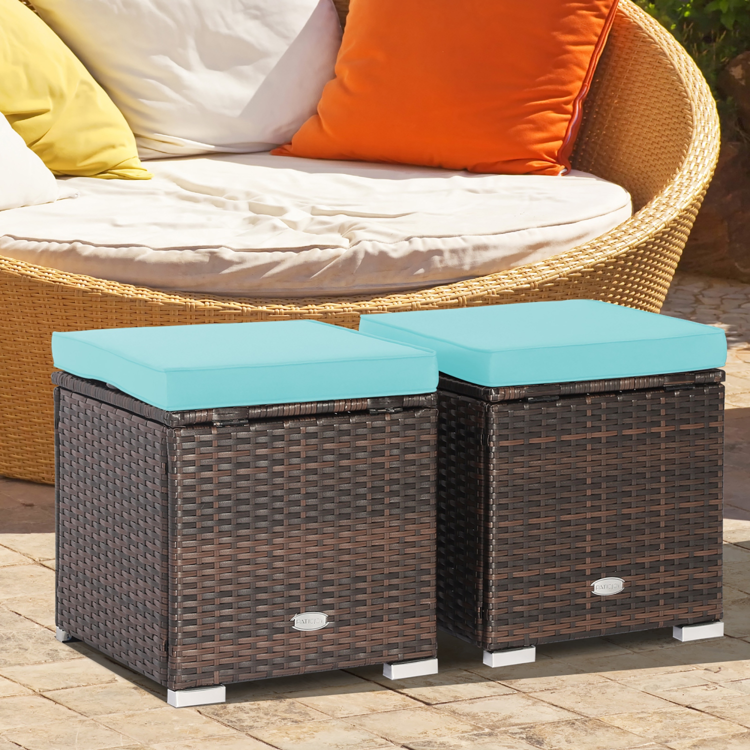 Costway 2PCS Patio Rattan Ottomans Seat Side Table Storage Box Footstool with Cushions