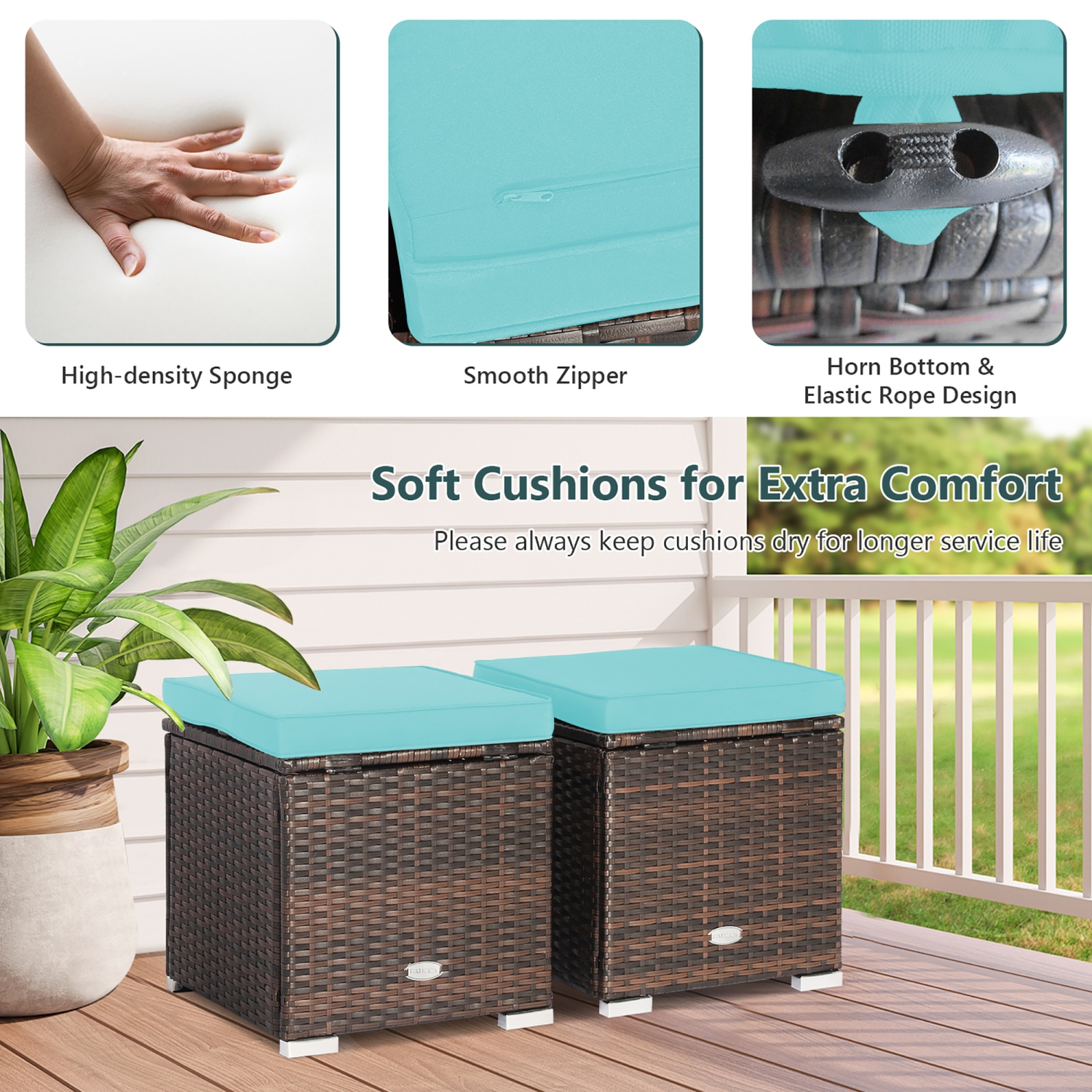 Costway 2PCS Patio Rattan Ottomans Seat Side Table Storage Box Footstool with Cushions