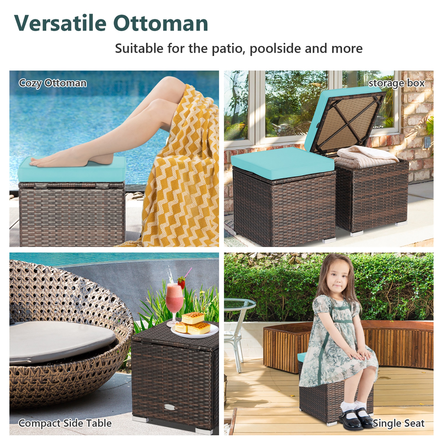 Costway 2PCS Patio Rattan Ottomans Seat Side Table Storage Box Footstool with Cushions