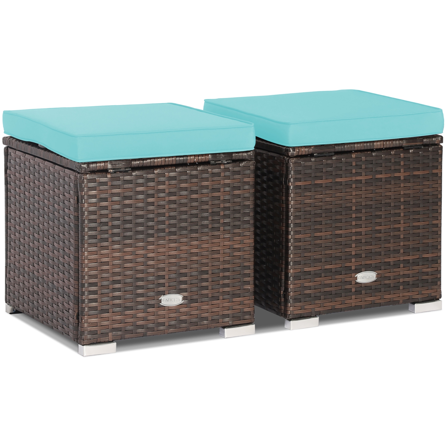 Costway 2PCS Patio Rattan Ottomans Seat Side Table Storage Box Footstool with Cushions