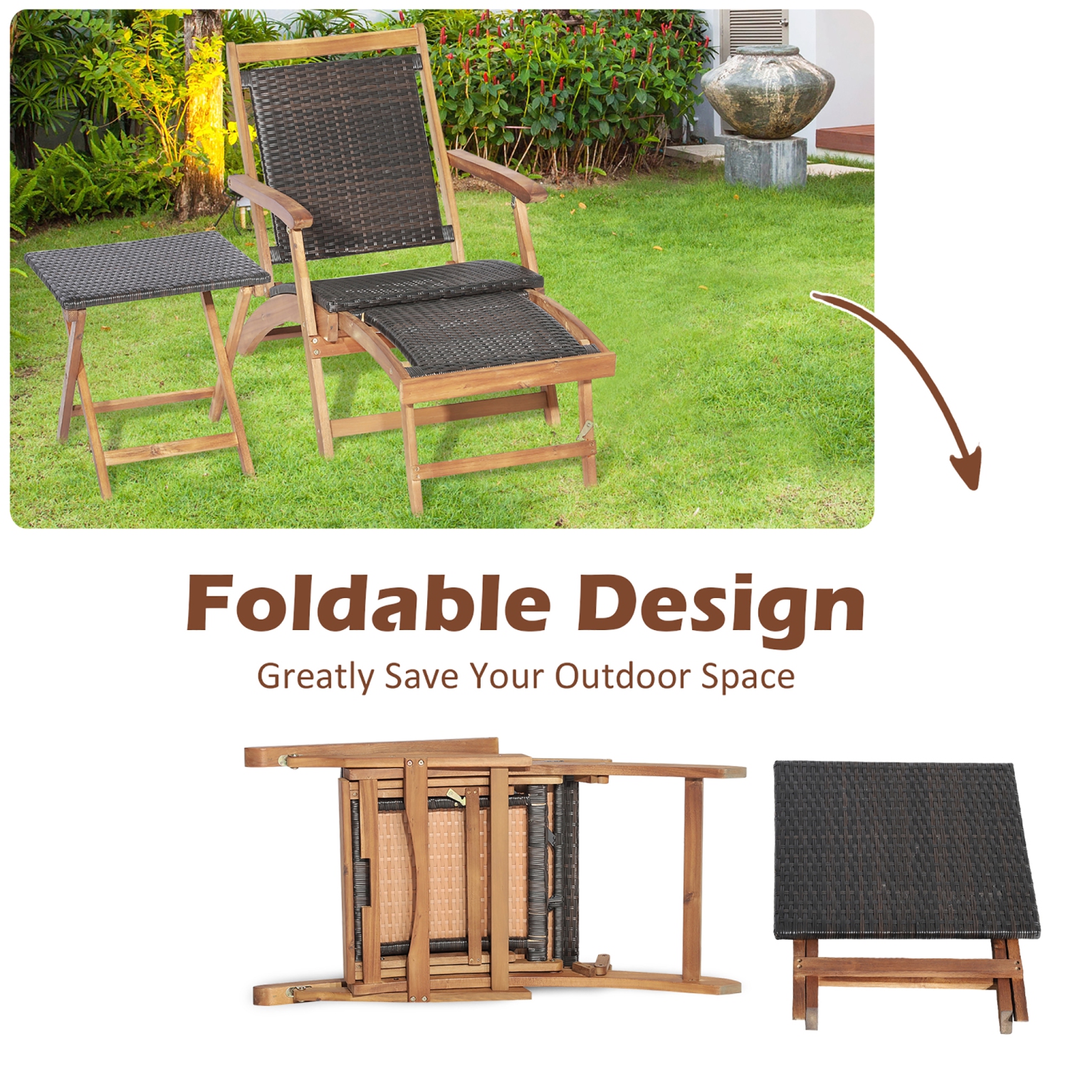 Costway 2PCS Patio Rattan Folding Lounge Chair Table Acacia Wood W/Retractable Footrest