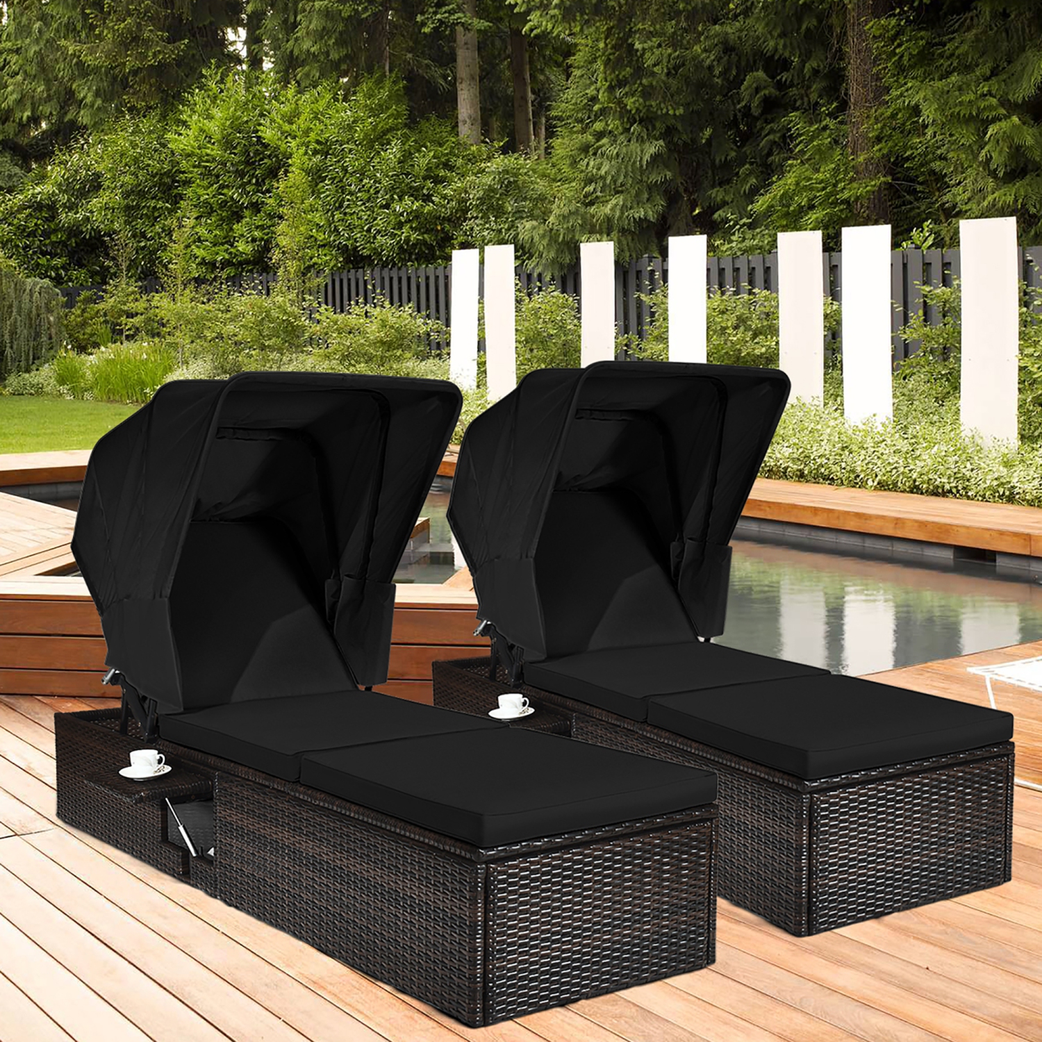 Costway 2PCS Patio Rattan Lounge Chair Chaise Cushion Canopy Adjustable Tea Table