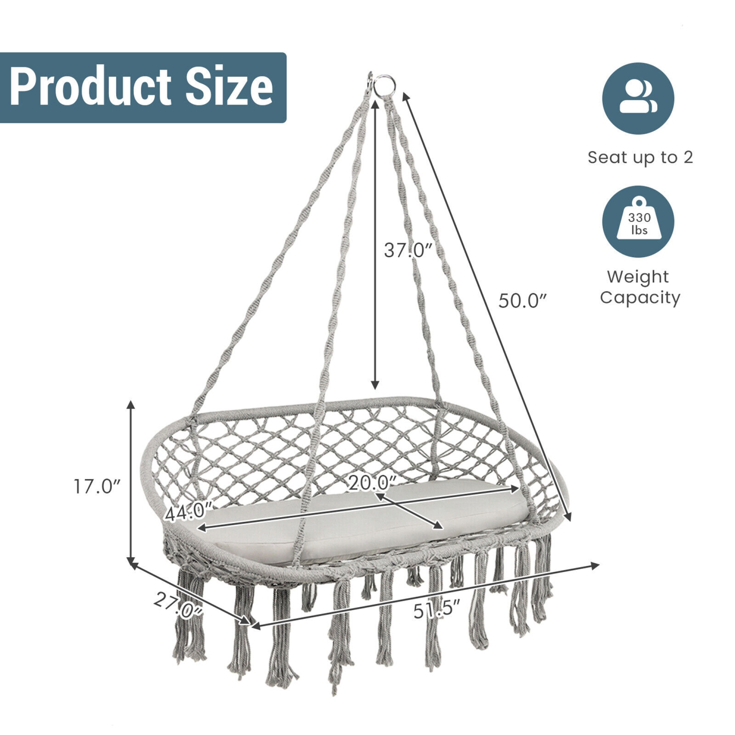Gymax 2 Person Hanging Hammock Chair w/ Cushion Macrame Swing 330 lbs Capacity Grey