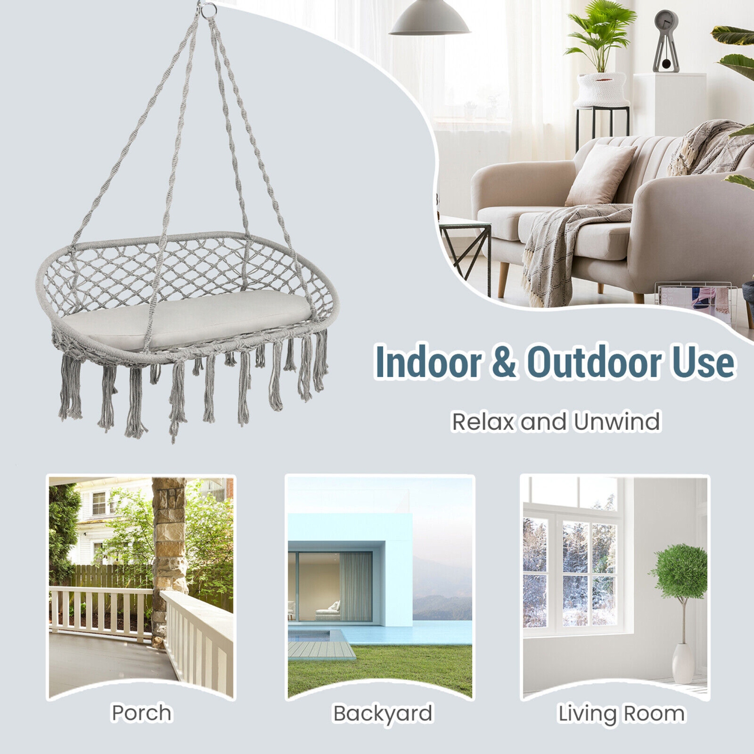 Gymax 2 Person Hanging Hammock Chair w/ Cushion Macrame Swing 330 lbs Capacity Grey